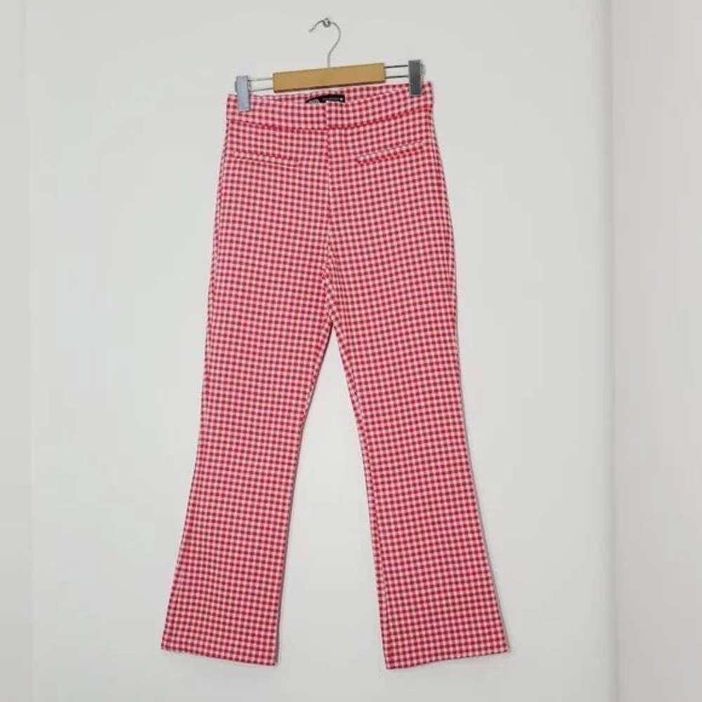 Zara Gingham Mini Flared Trouser Pant High Waisted Red/White Size S